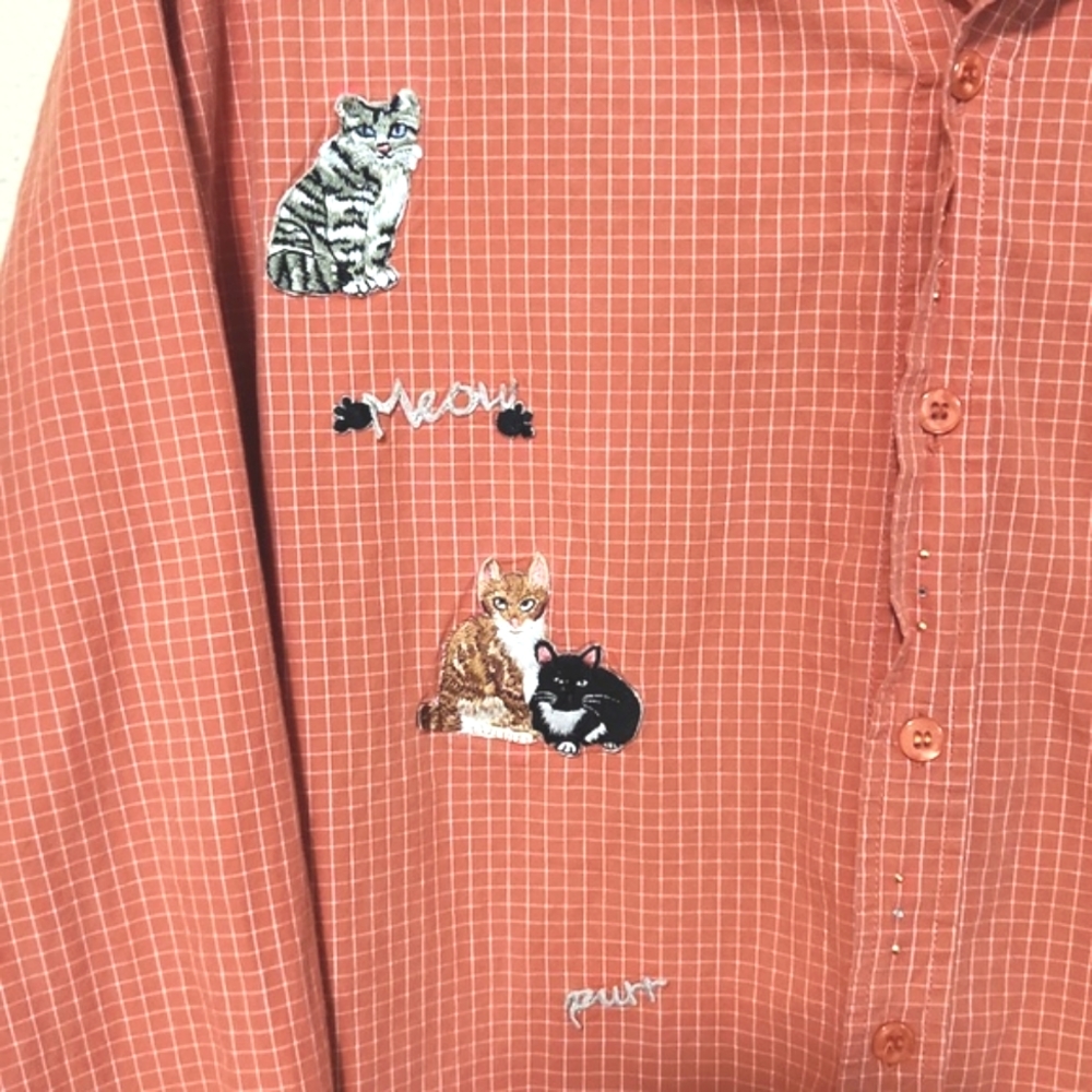 Vintage Bobbie Brooks Orange Gingham Cat Lady Button Up Shirt 26W/28W - Picture 8 of 16